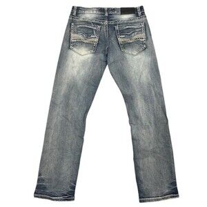 True Luck Blue Distressed Embroidered Stretch Denim Jeans Mens 32x32